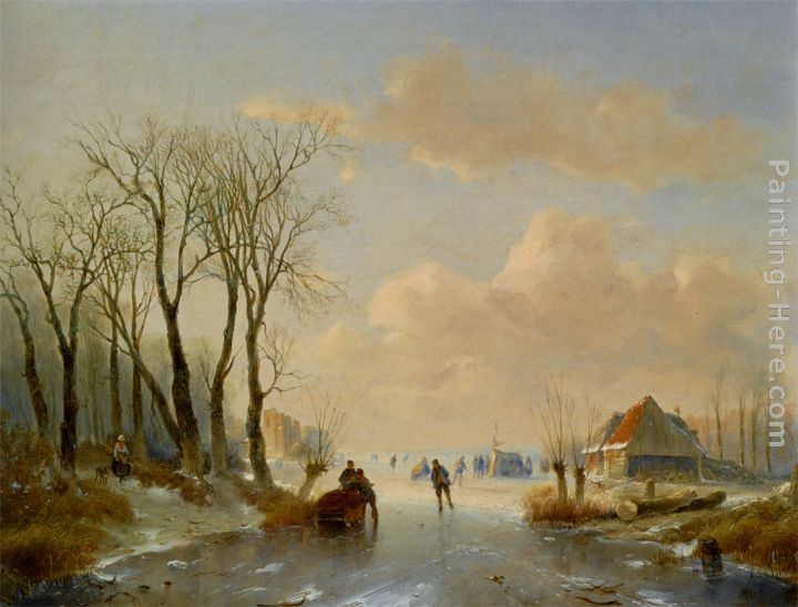 Skaters on the ice with a Koek En Zopie in the distance painting - Andreas Schelfhout Skaters on the ice with a Koek En Zopie in the distance art painting